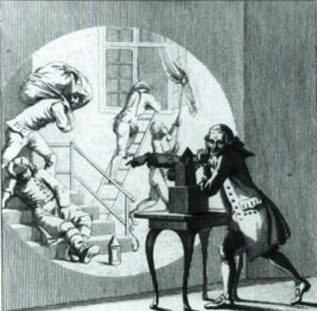 â€œA group of people in a darkened room, watching images on a wall - thrown by a beam of light cutting through the darkness, must have resembled a group watching home movies.â€� (Erik Barnouw, 1956; Bild: Laterna Magica, 1787)